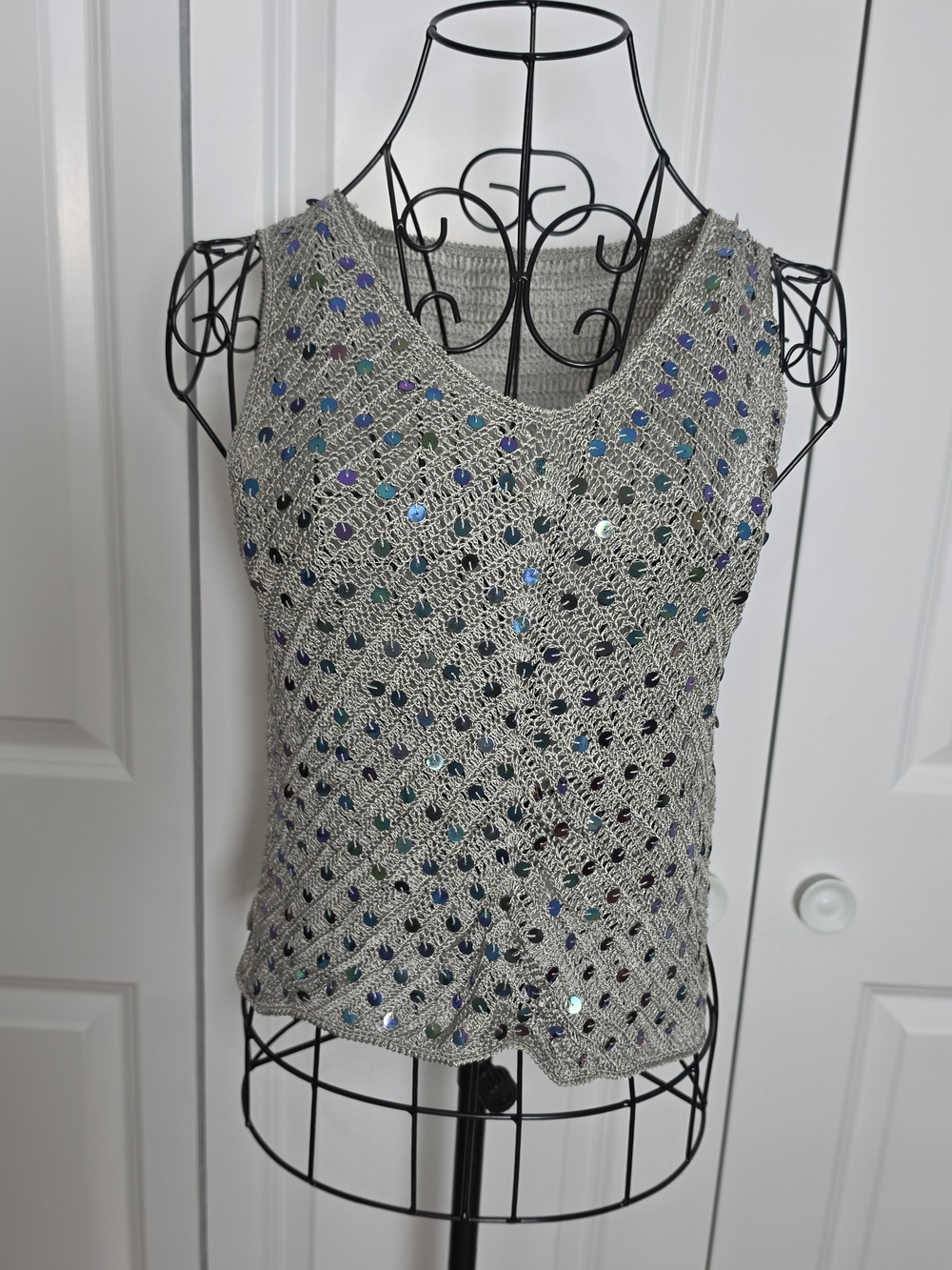 Kantee Metallic Silver Crochet Sequin Tank Top